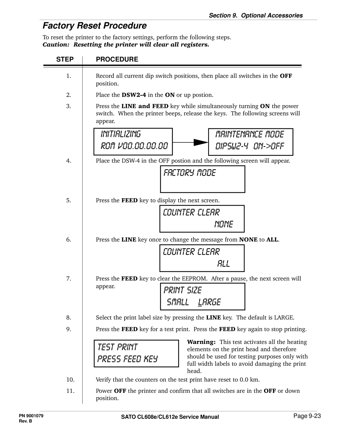 SATO CL608e/CL612e manual Initializing, Factory Reset Procedure 