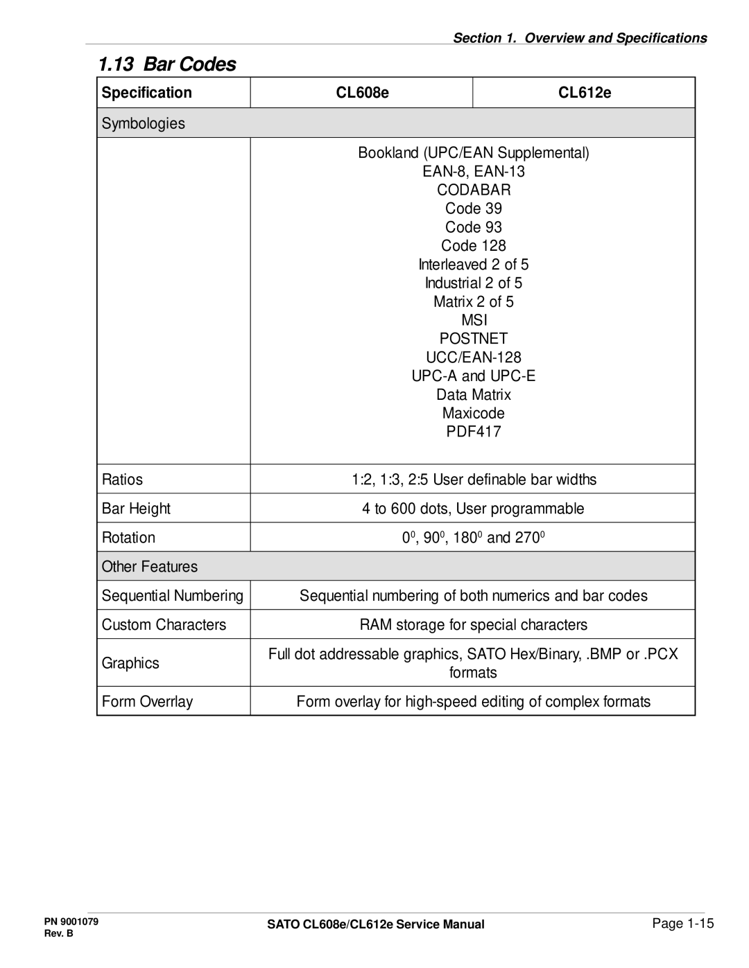 SATO CL608e/CL612e manual Bar Codes, Specification CL608e CL612e 