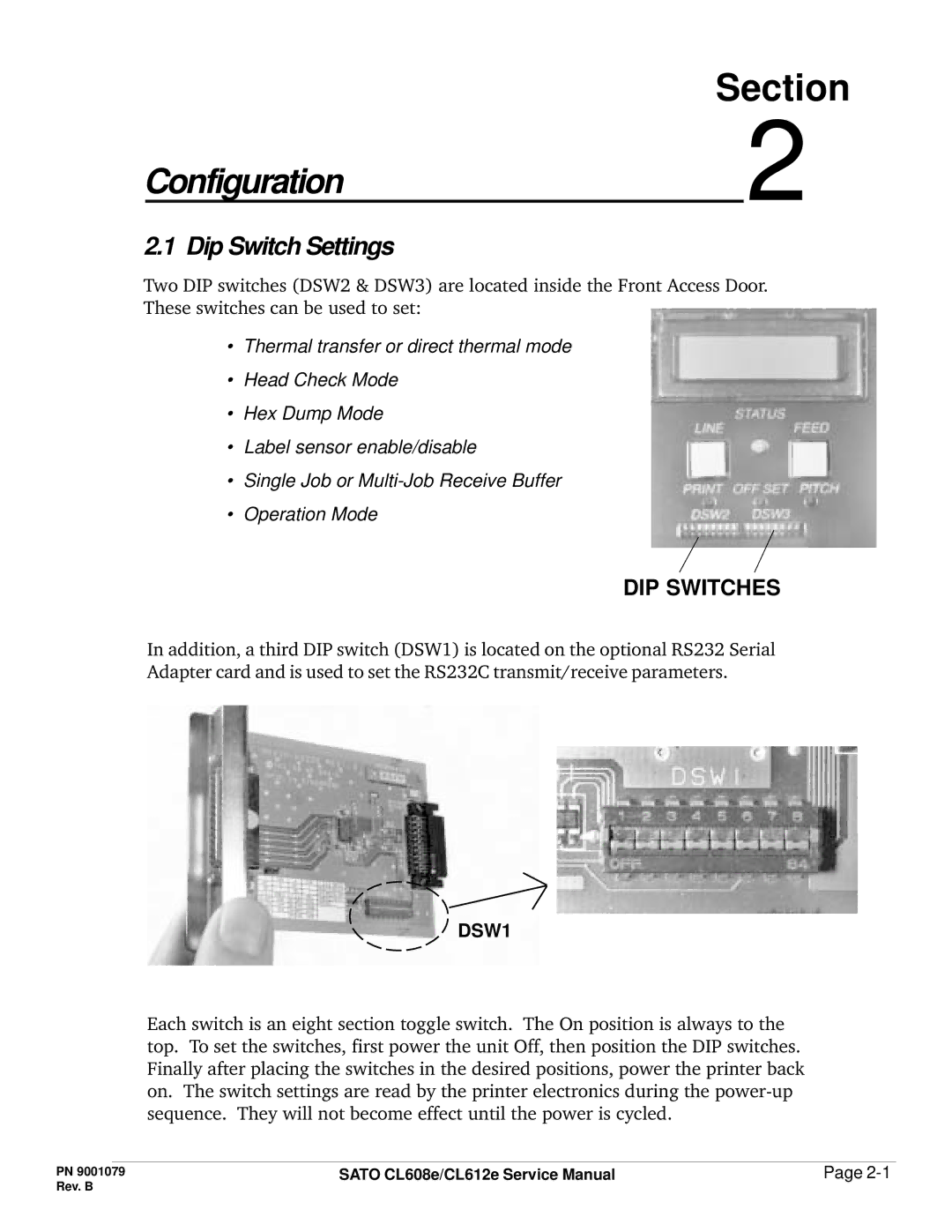 SATO CL608e/CL612e manual Dip Switch Settings, DSW1 