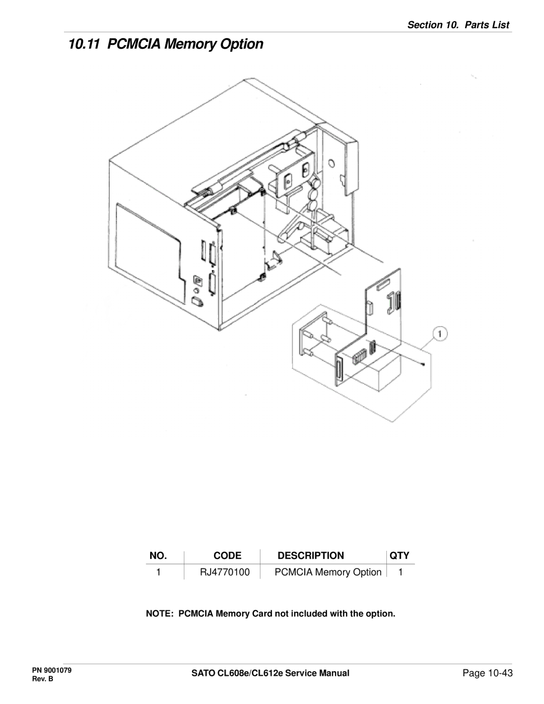 SATO CL608e/CL612e manual Pcmcia Memory Option 