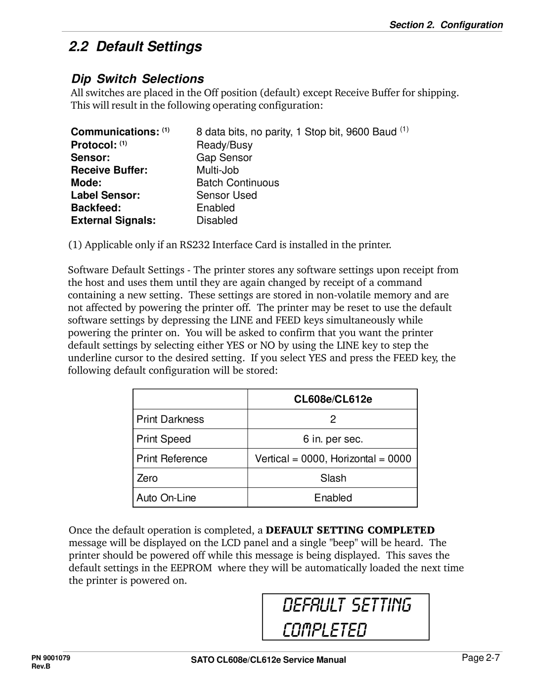 SATO CL608e/CL612e manual Default Settings, Dip Switch Selections 