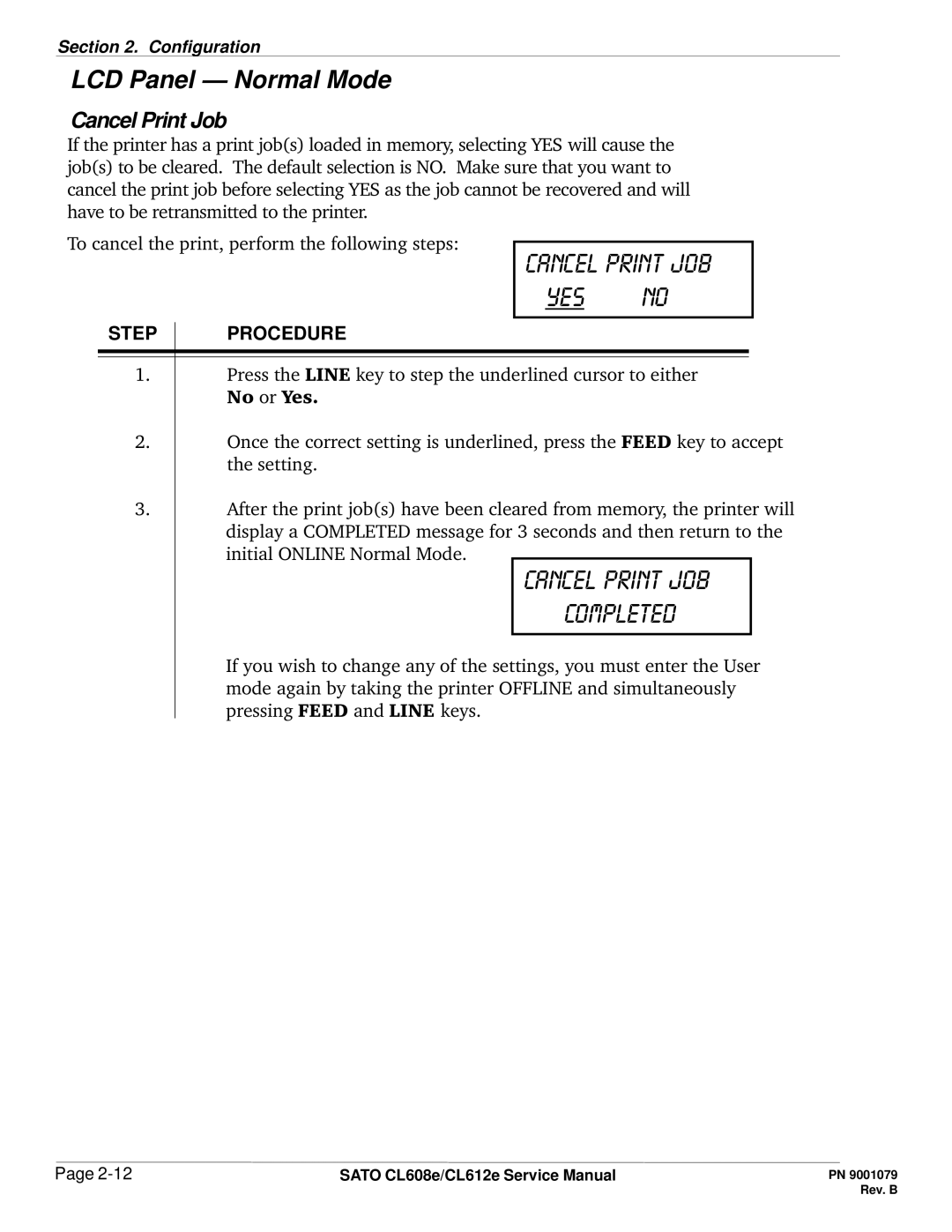 SATO CL608e/CL612e manual Cancel print job Yes no, Cancel Print Job 