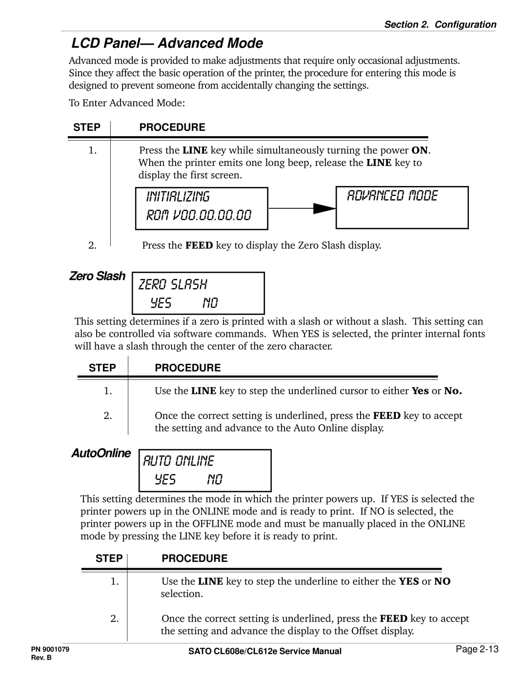 SATO CL608e/CL612e manual Initializing Advanced mode Rom, Auto online, LCD Panel- Advanced Mode, Zero Slash, AutoOnline 