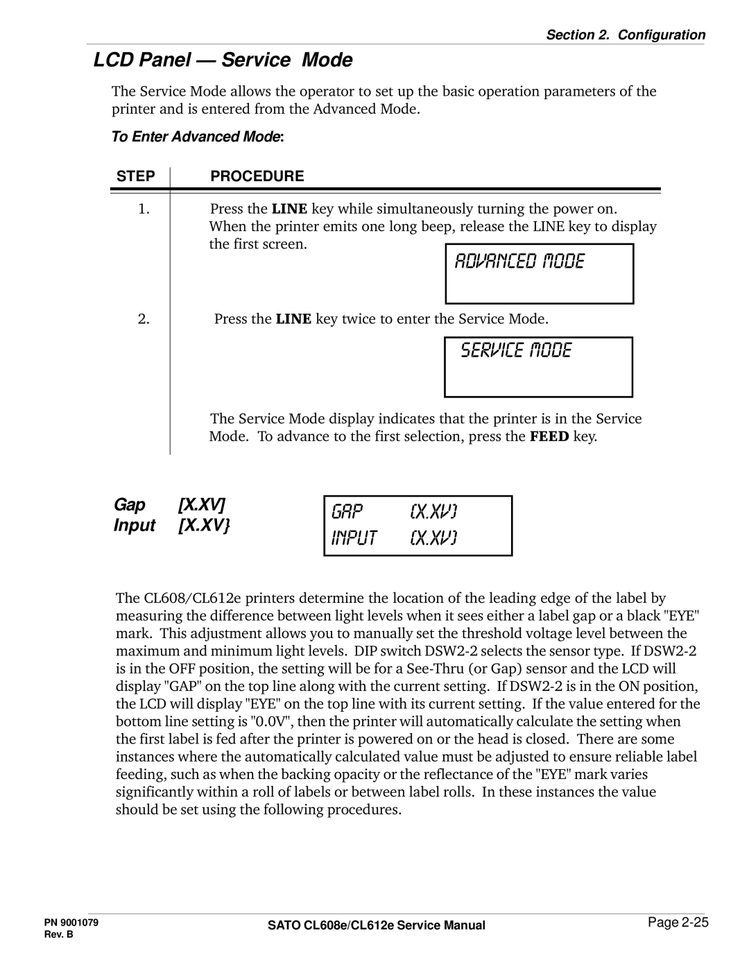SATO CL608e/CL612e manual Service mode, Gap x.xv input, LCD Panel Service Mode, Gap X.XV Input 