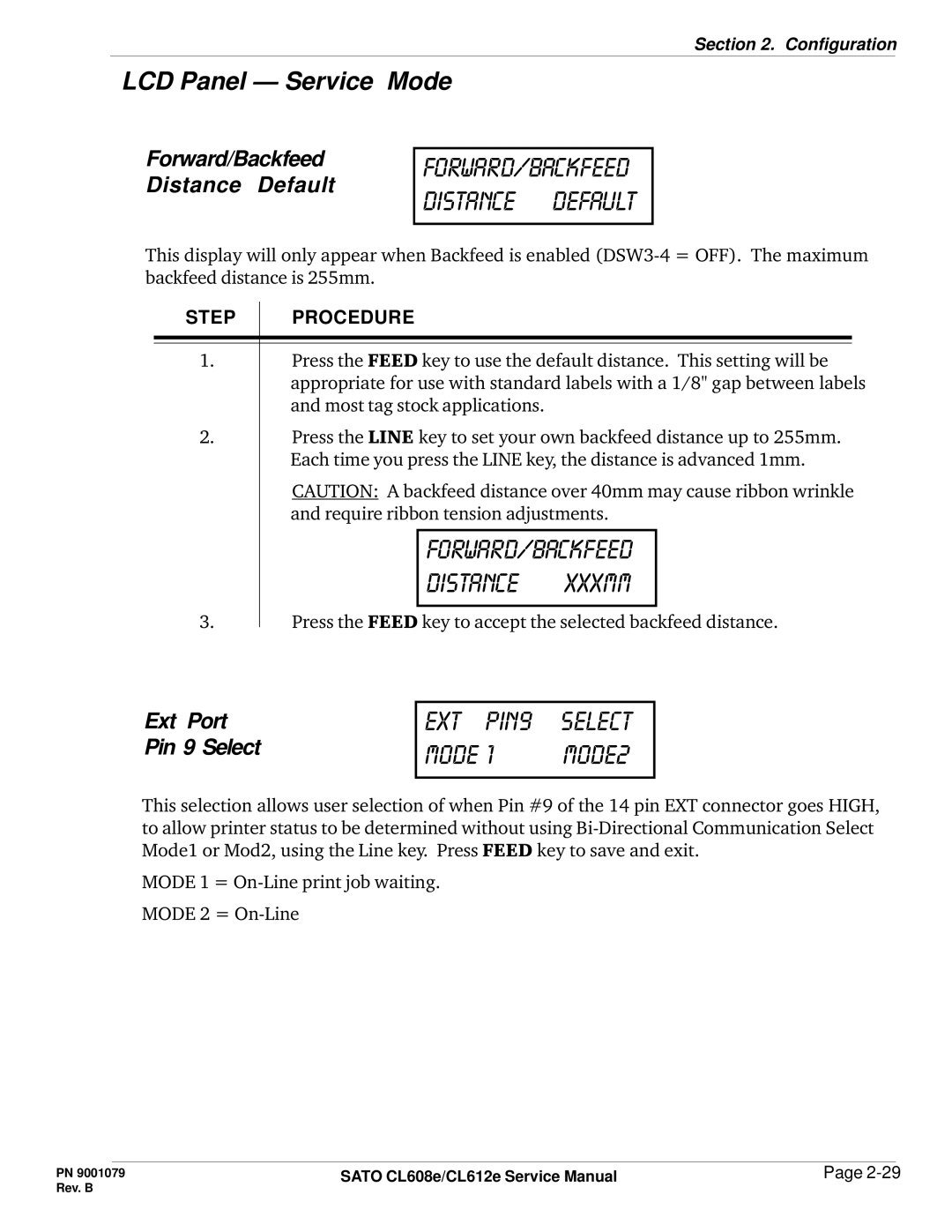 SATO CL608e/CL612e manual Forward/backfeed distance default, EXt pin9 Select Mode Mode2 