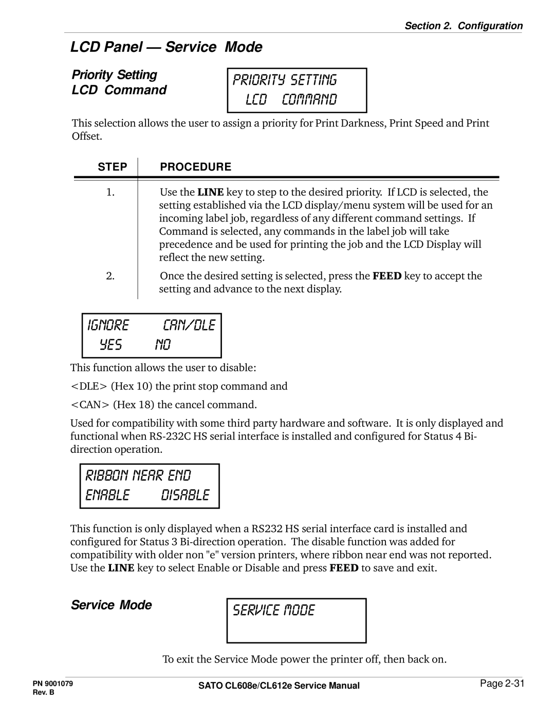 SATO CL608e/CL612e manual Ignore can/dle Yes no, Ribbon near end Enable disable, Priority Setting LCD Command, Service Mode 