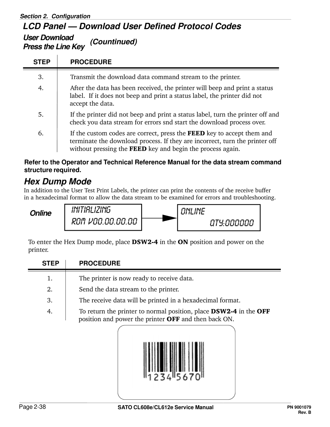 SATO CL608e/CL612e manual Initializing Rom Online Qty000000, LCD Panel Download User Defined Protocol Codes, Hex Dump Mode 