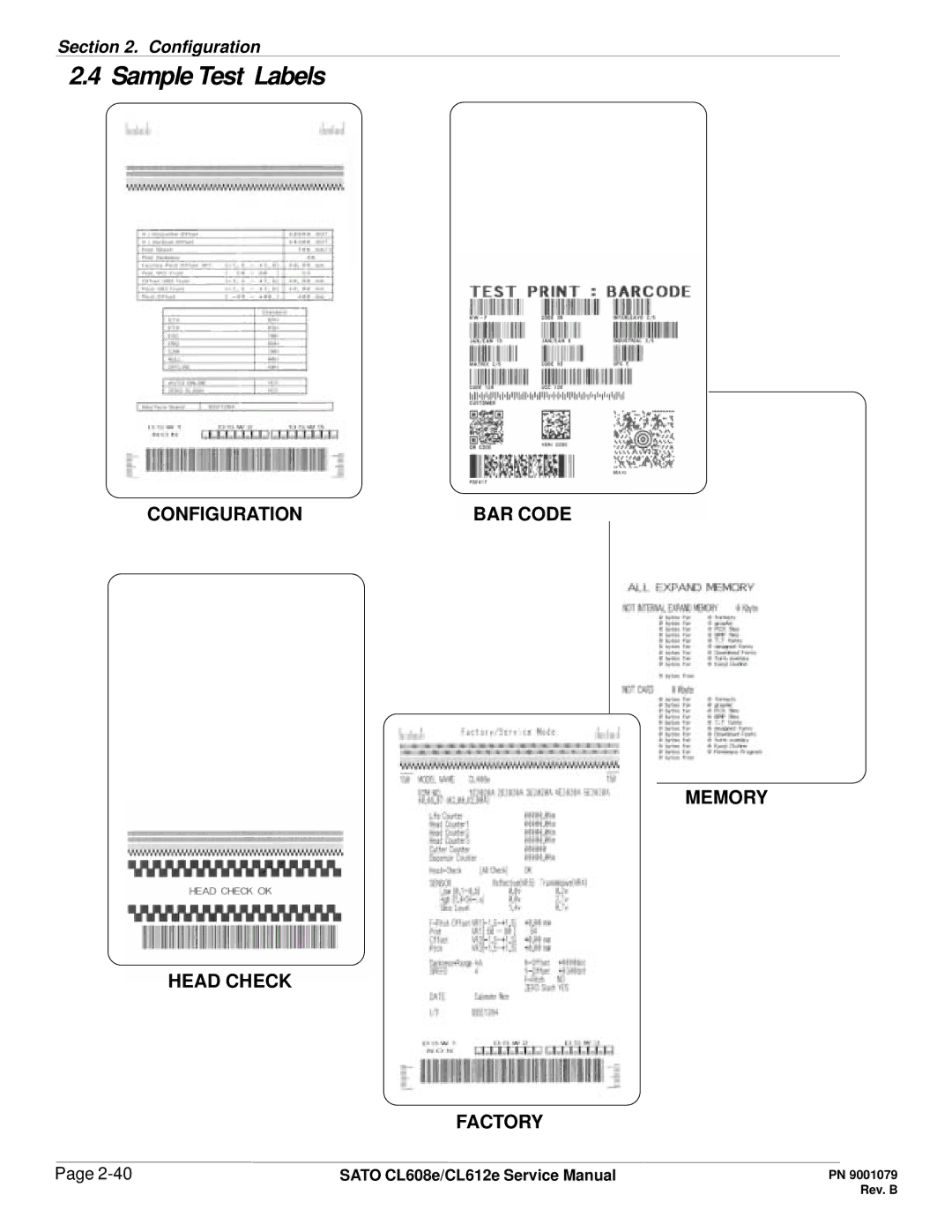 SATO CL608e/CL612e manual Sample Test Labels, Configuration, Memory Head Check Factory 