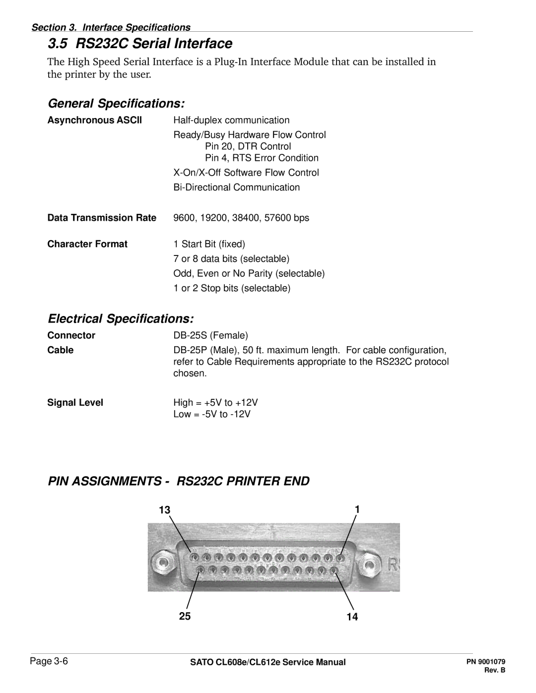 SATO CL608e/CL612e manual RS232C Serial Interface, General Specifications, Electrical Specifications 