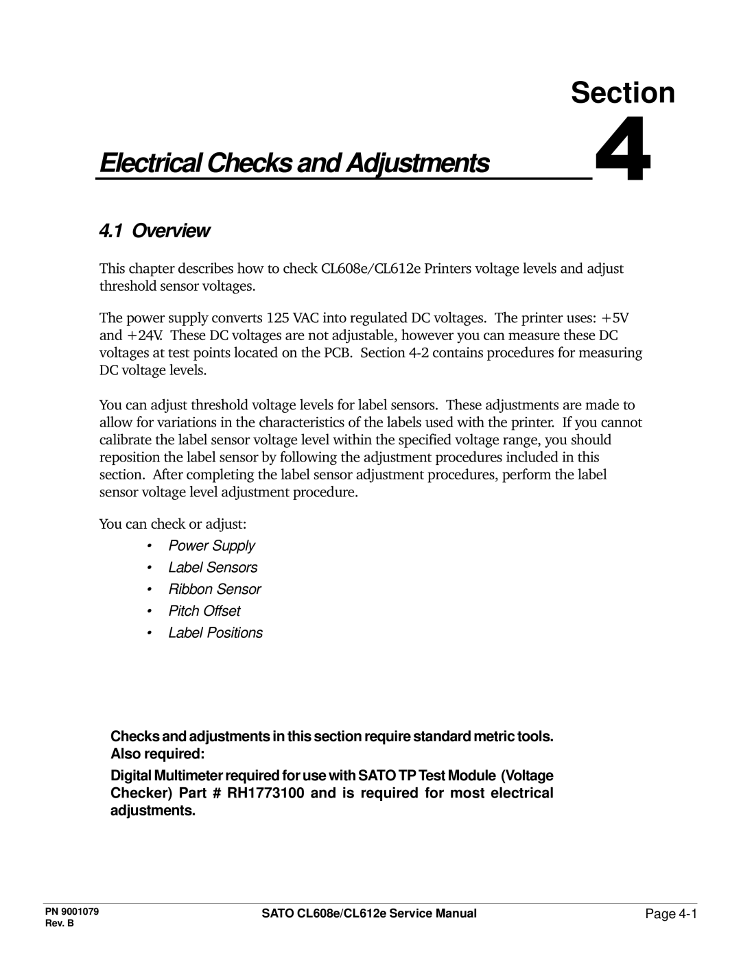 SATO CL608e/CL612e manual Electrical Checks and Adjustments 