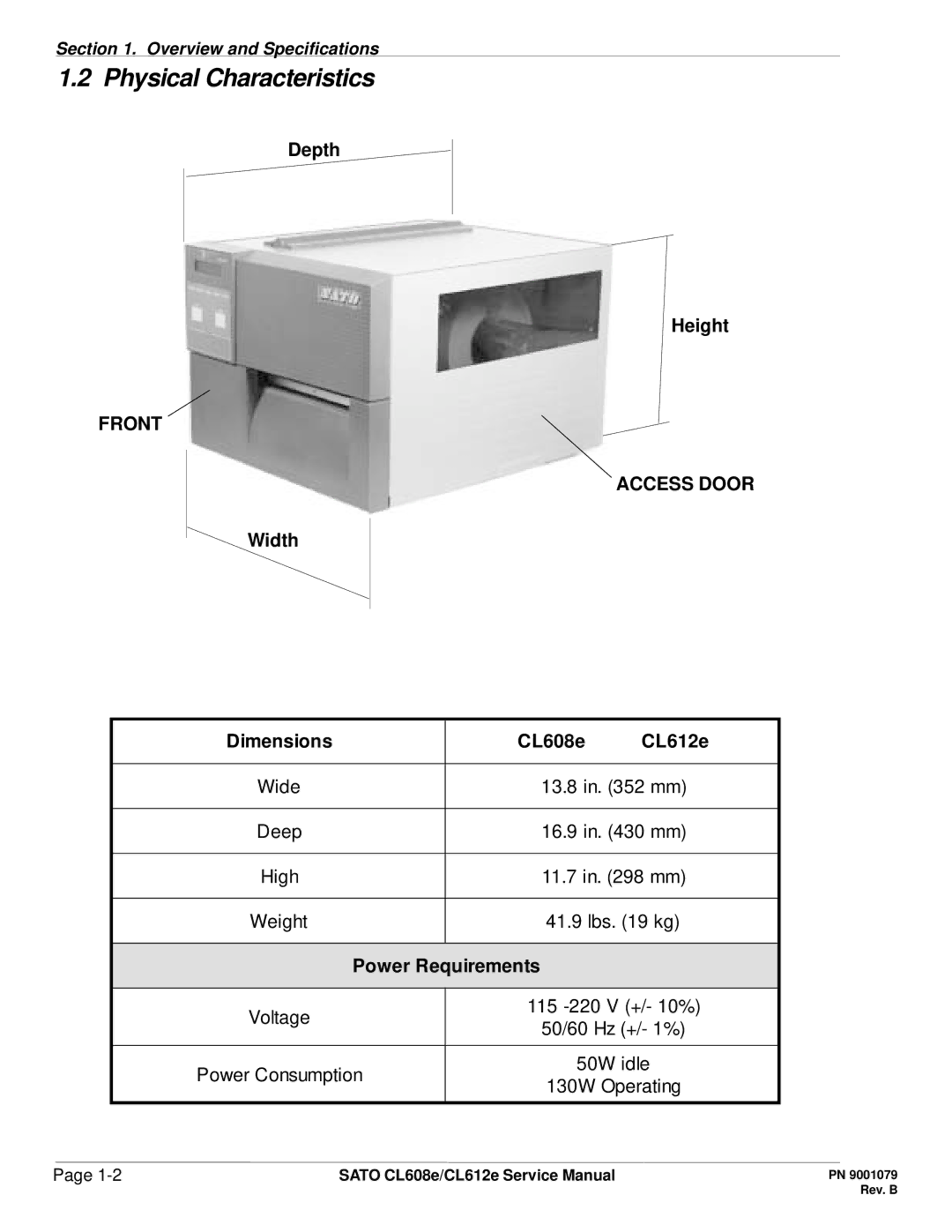 SATO CL608e/CL612e manual Physical Characteristics, Front Access Door 