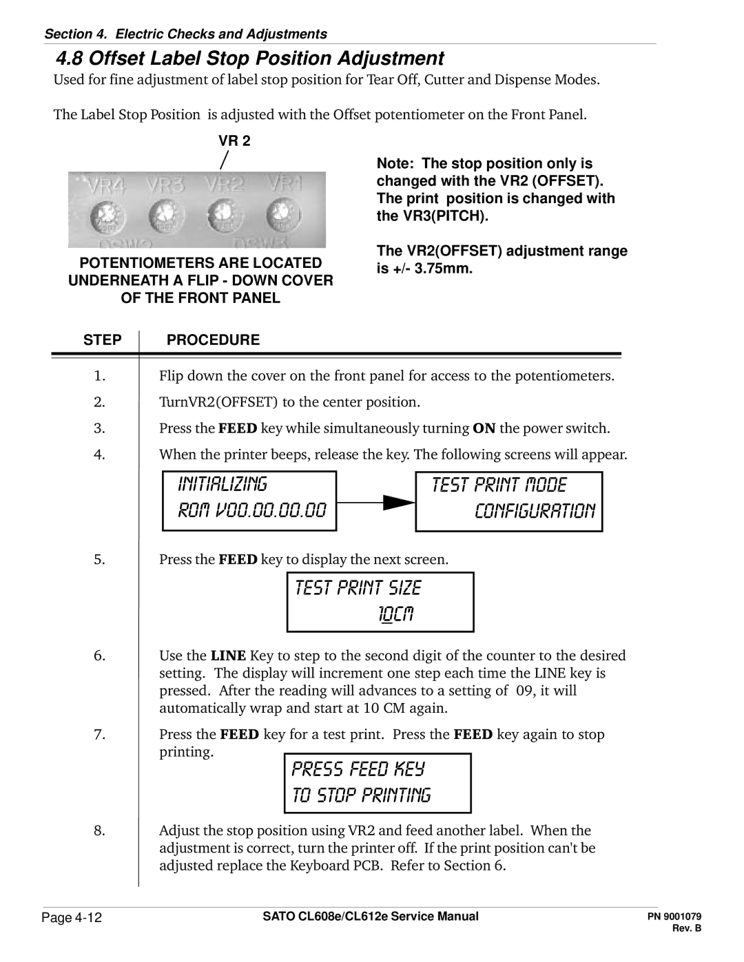 SATO CL608e/CL612e manual Initializing Rom, Offset Label Stop Position Adjustment 