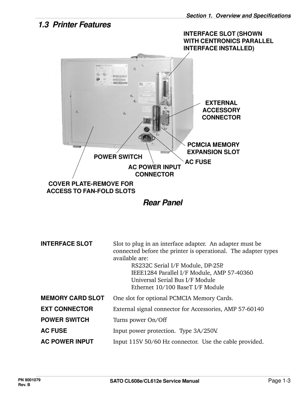 SATO CL608e/CL612e manual Printer Features, Rear Panel, Interface Slot, Memory Card Slot, EXT Connector 