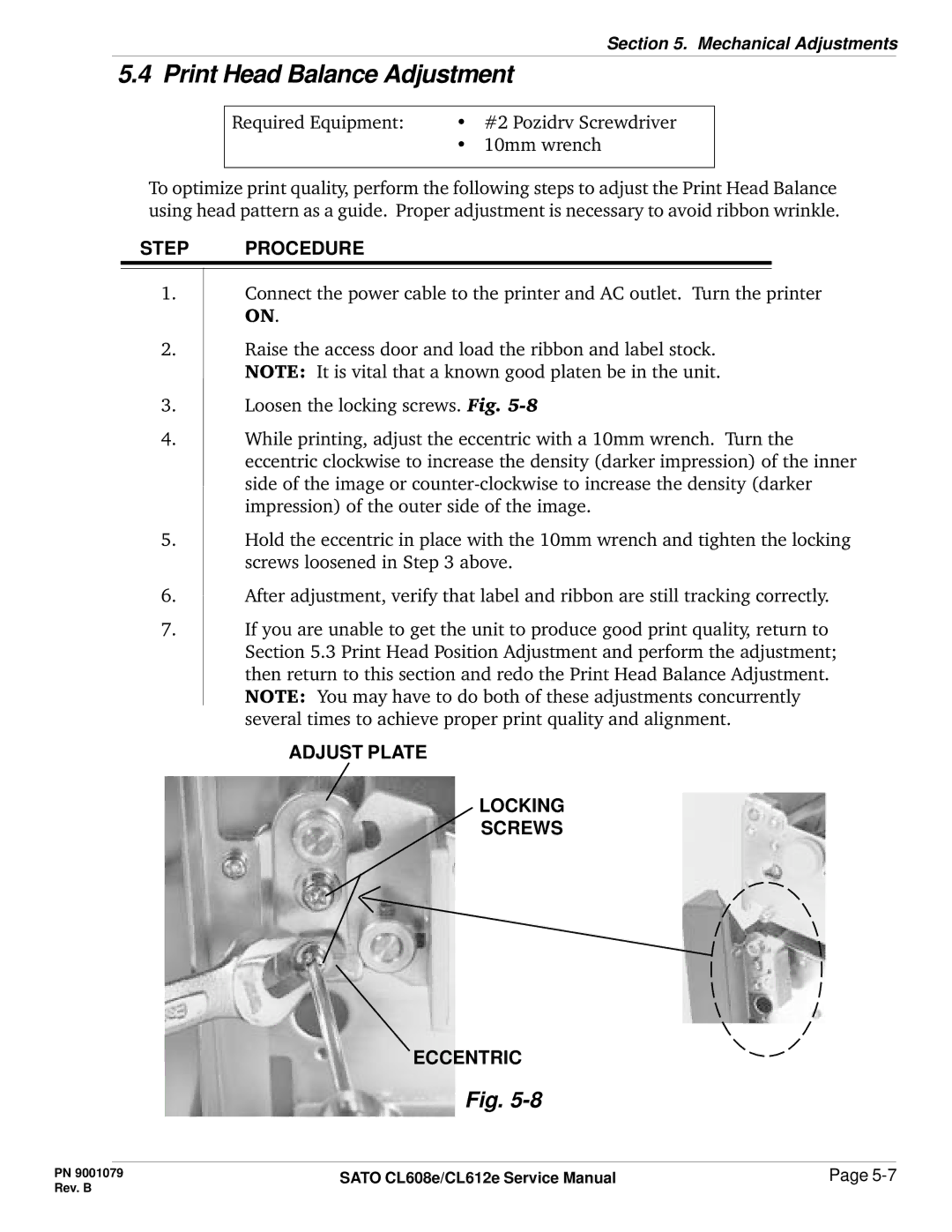 SATO CL608e/CL612e manual Print Head Balance Adjustment, Adjust Plate Locking Screws Eccentric 