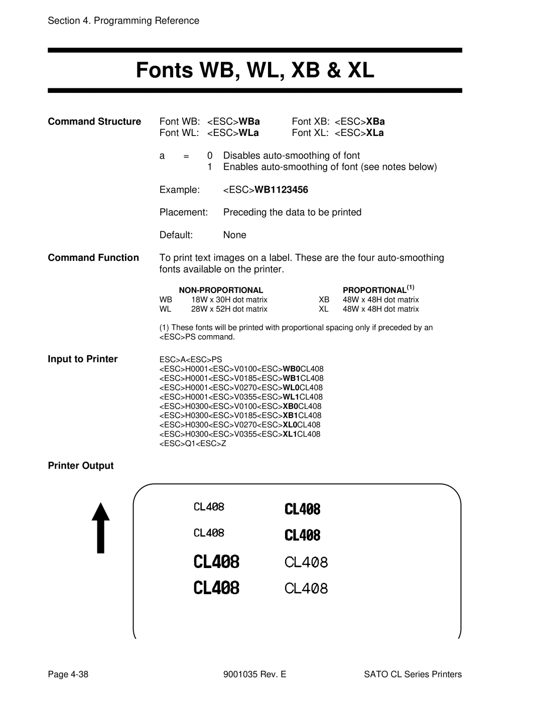 SATO CL612VA, CL608VA manual Fonts WB, WL, XB & XL, Command Structure Font WB, ESCWB1123456 