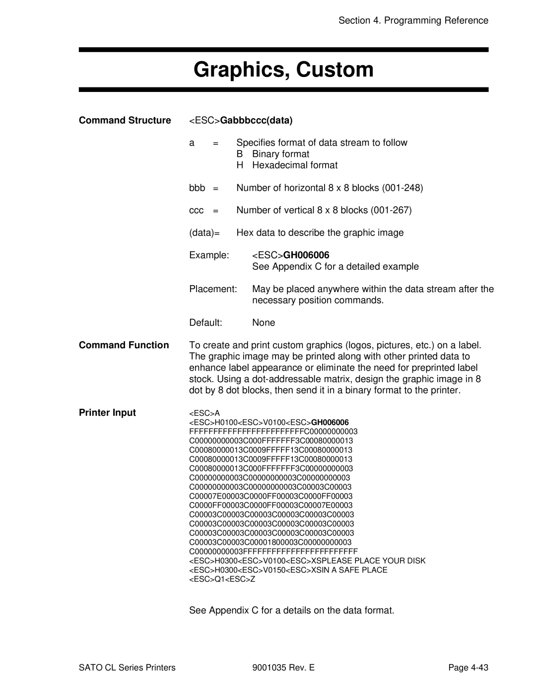 SATO CL608VA, CL612VA manual Graphics, Custom, Command Structure ESCGabbbcccdata, ESCGH006006 