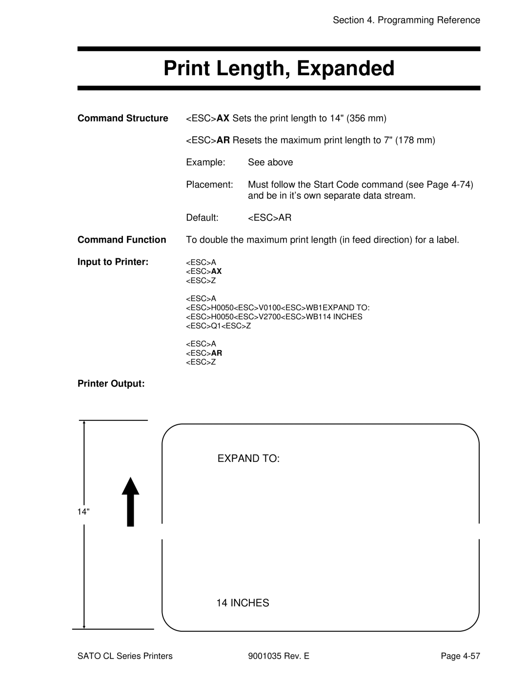 SATO CL608VA, CL612VA manual Print Length, Expanded, ESC AX Sets the print length to 14 356 mm 