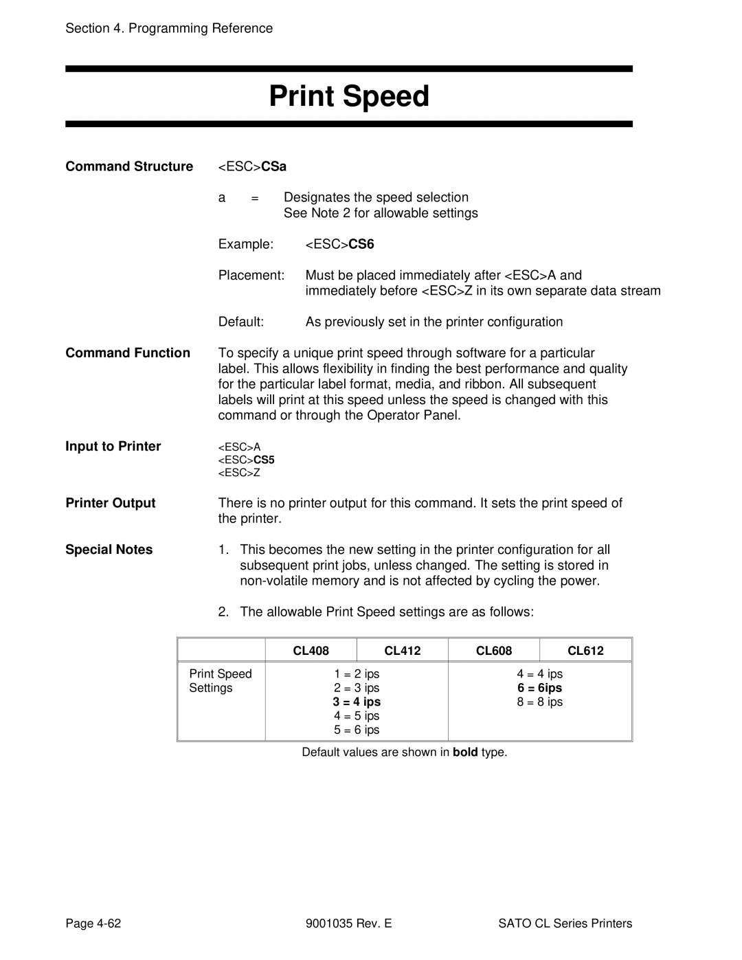 SATO CL612VA, CL608VA manual Print Speed, Command Structure ESCCSa, Placement Must be placed immediately after Esca, Printer 