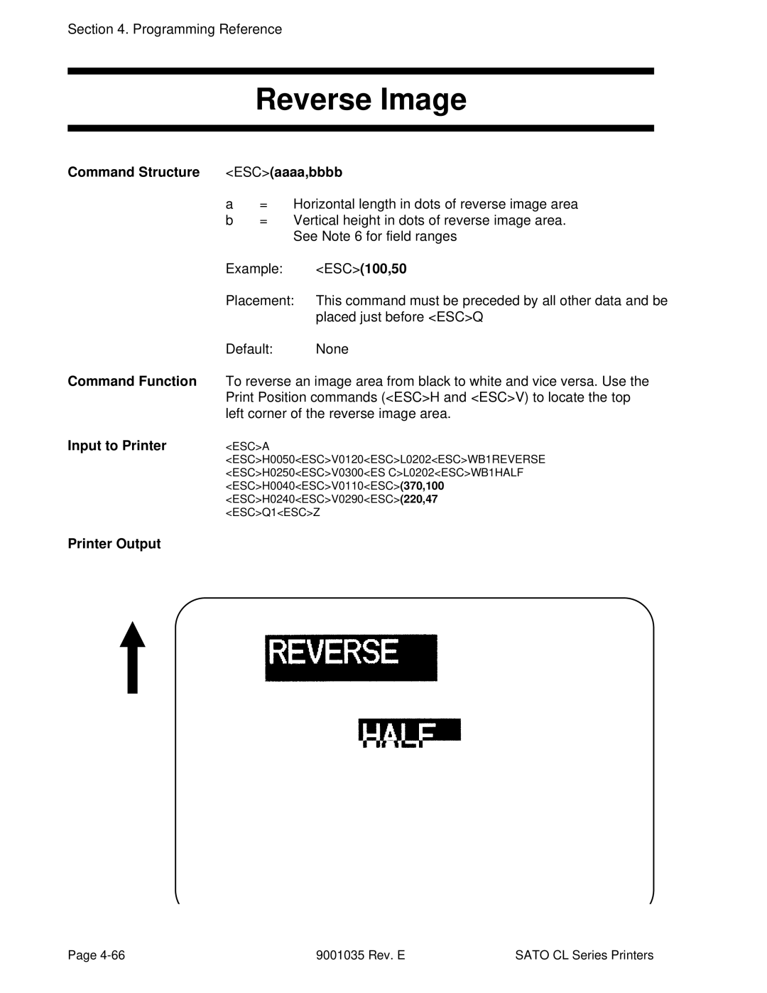 SATO CL612VA, CL608VA manual Reverse Image, Command Structure ESCaaaa,bbbb, ESC100,50 