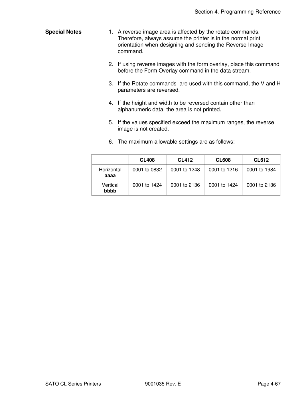 SATO CL608VA, CL612VA manual Reverse image area is affected by the rotate commands 