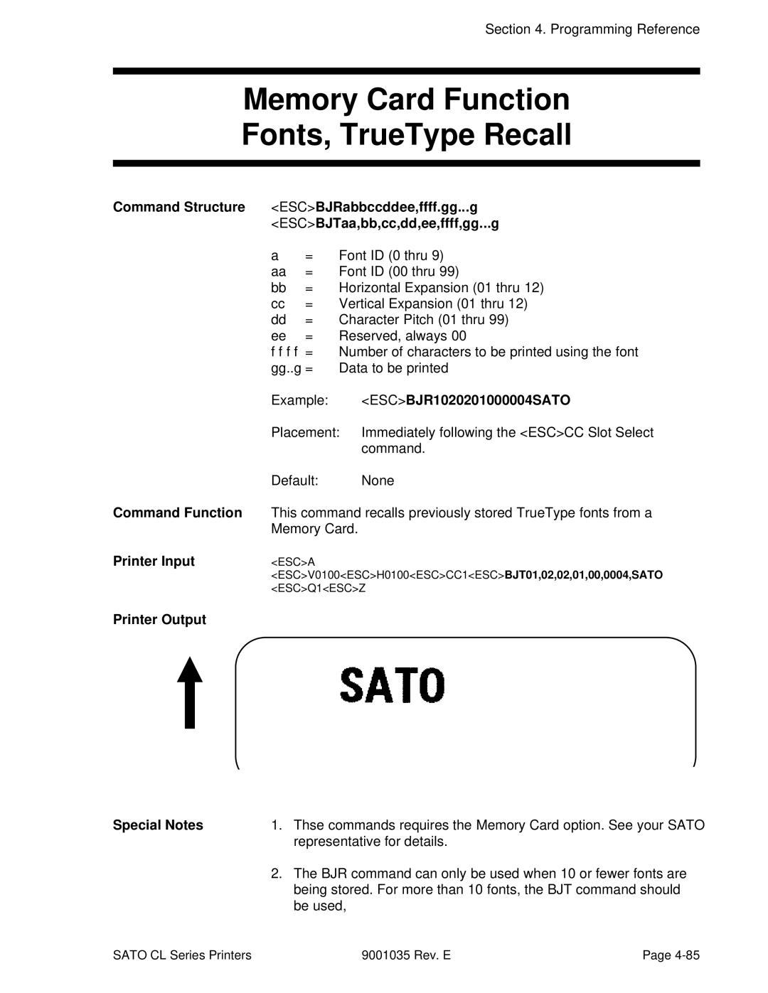 SATO CL608VA, CL612VA manual Memory Card Function Fonts, TrueType Recall, ESCBJR1020201000004SATO 