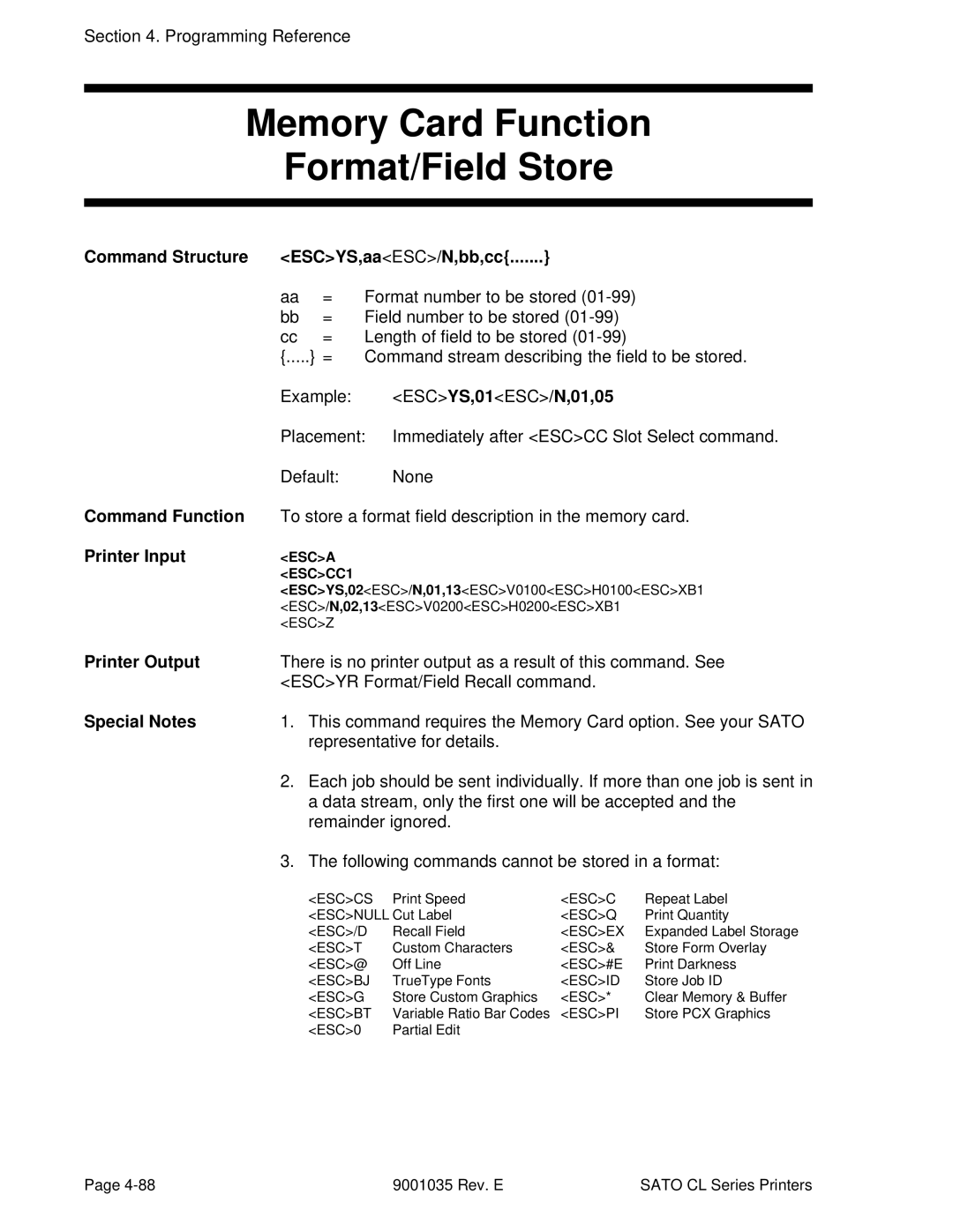 SATO CL612VA, CL608VA Memory Card Function Format/Field Store, Command Structure ESCYS,aaESC/N,bb,cc, ESCYS,01ESC/N,01,05 