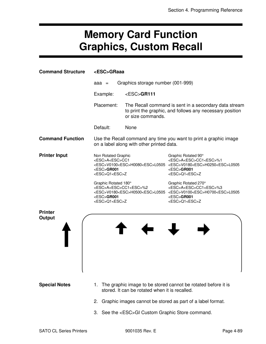 SATO CL608VA, CL612VA manual Memory Card Function Graphics, Custom Recall, Command Structure ESCGRaaa 