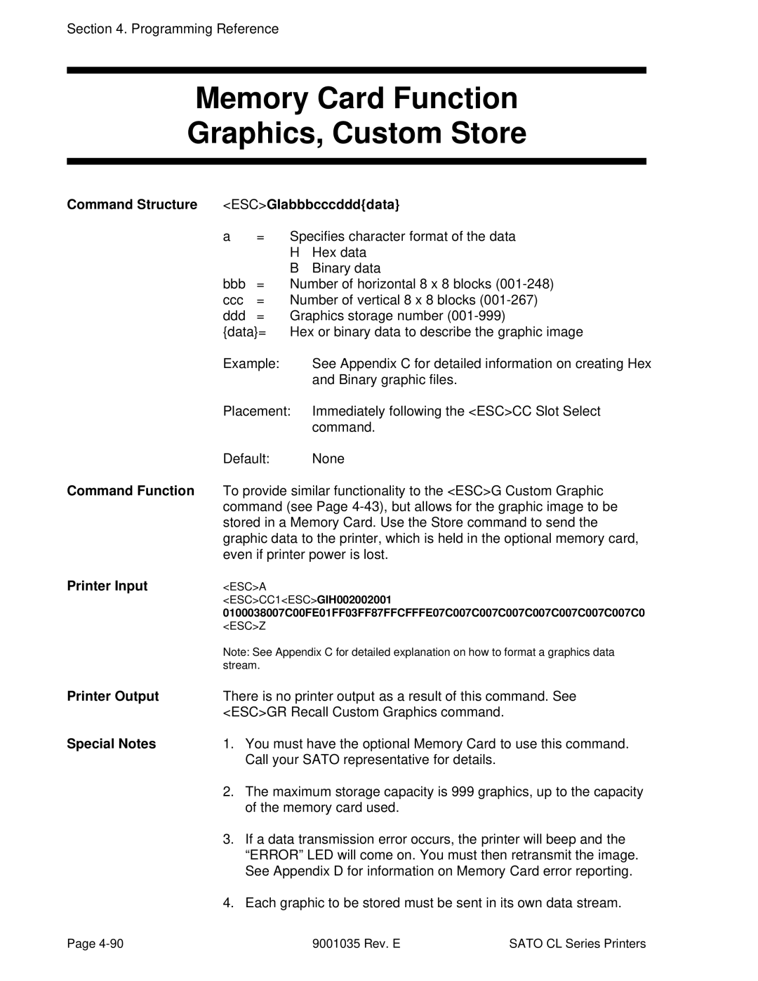 SATO CL612VA, CL608VA manual Memory Card Function Graphics, Custom Store, Command Structure ESCGIabbbcccddddata 