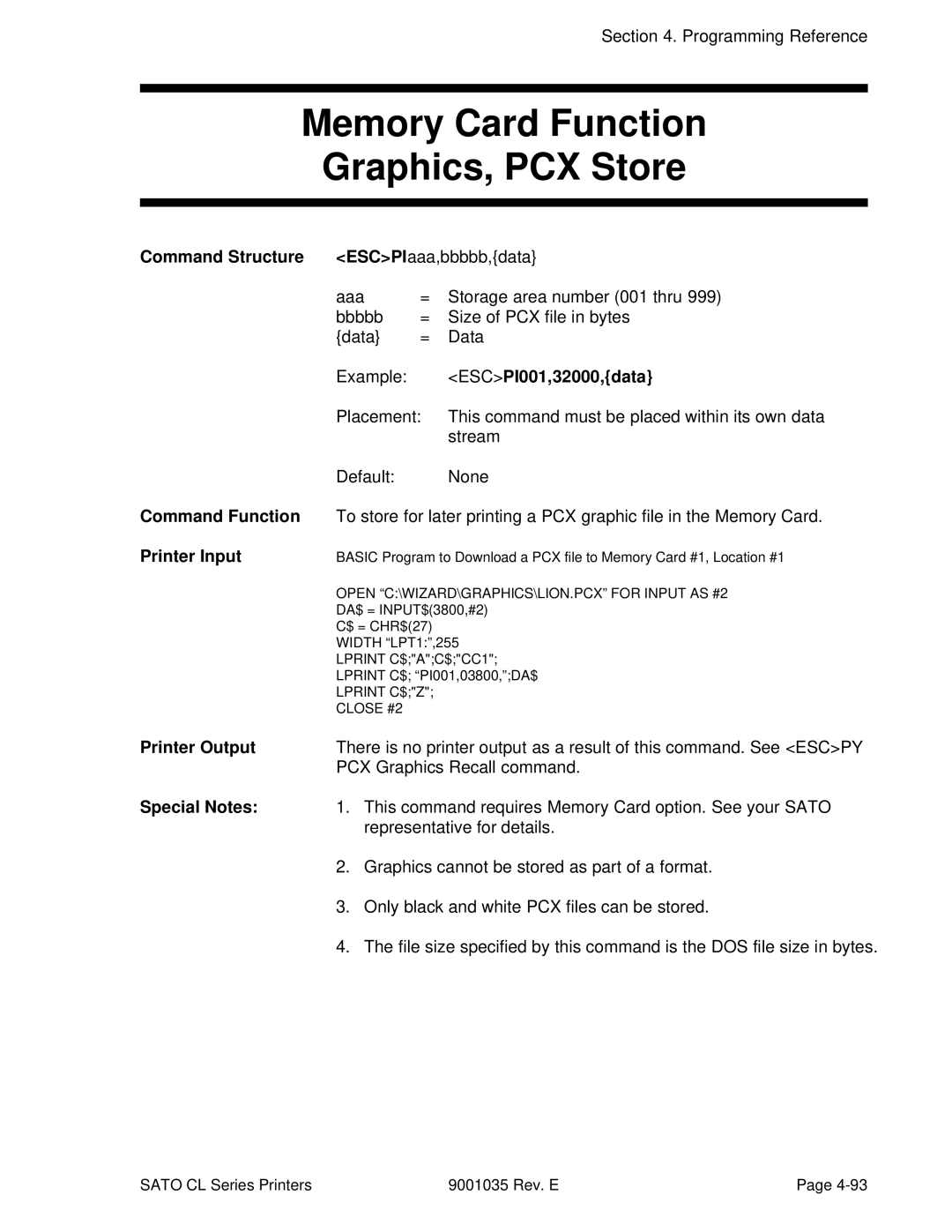 SATO CL608VA, CL612VA manual Memory Card Function Graphics, PCX Store, ESCPIaaa,bbbbb,data, ESCPI001,32000,data 