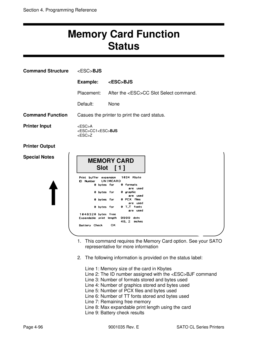 SATO CL612VA, CL608VA manual Memory Card Function Status, Example Escbjs 