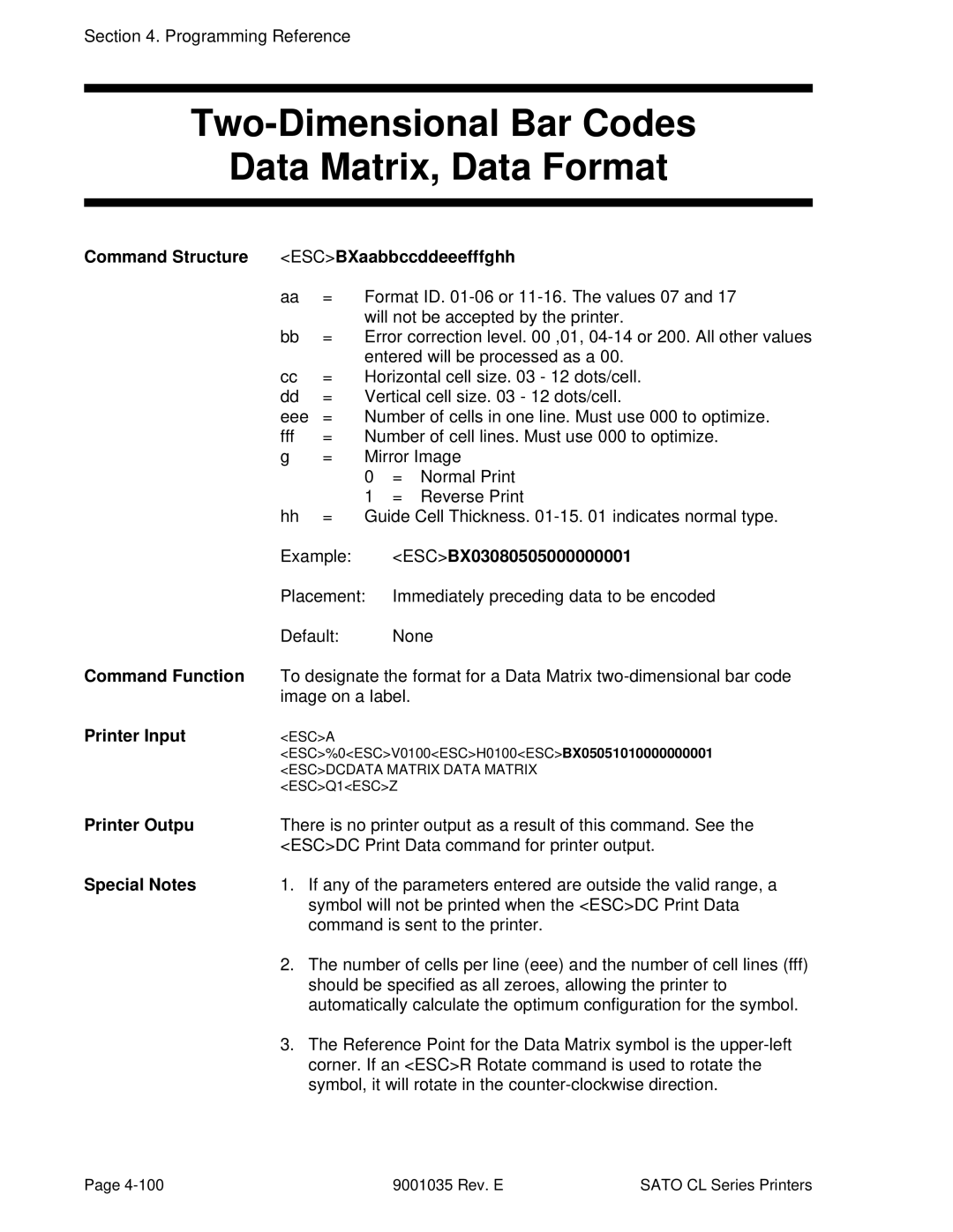 SATO CL612VA Two-Dimensional Bar Codes Data Matrix, Data Format, Command Structure ESCBXaabbccddeeefffghh, Printer Outpu 