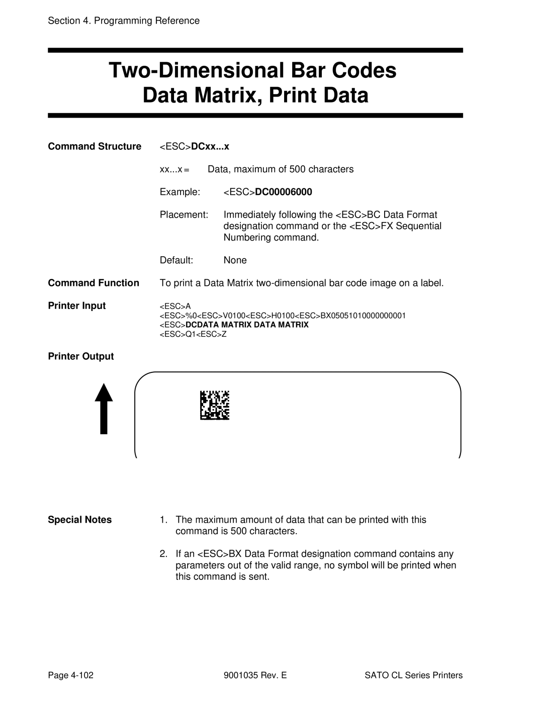 SATO CL612VA, CL608VA manual Two-Dimensional Bar Codes Data Matrix, Print Data, ESCDC00006000 