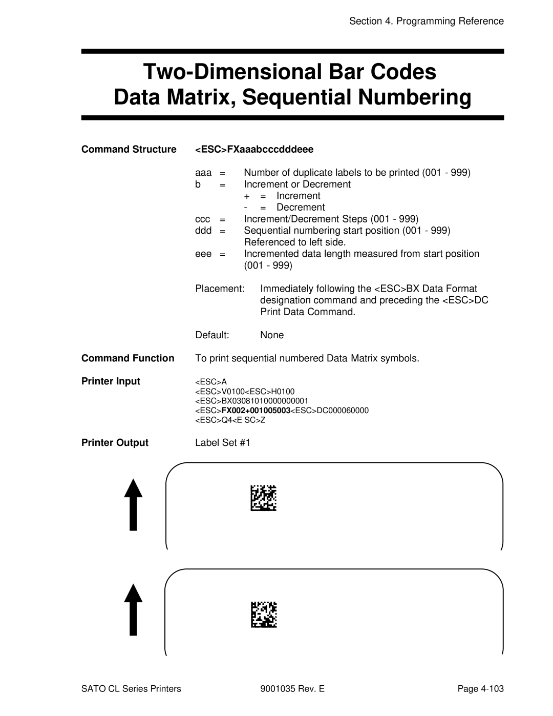 SATO CL608VA, CL612VA Two-Dimensional Bar Codes Data Matrix, Sequential Numbering, Command Structure ESCFXaaabcccdddeee 