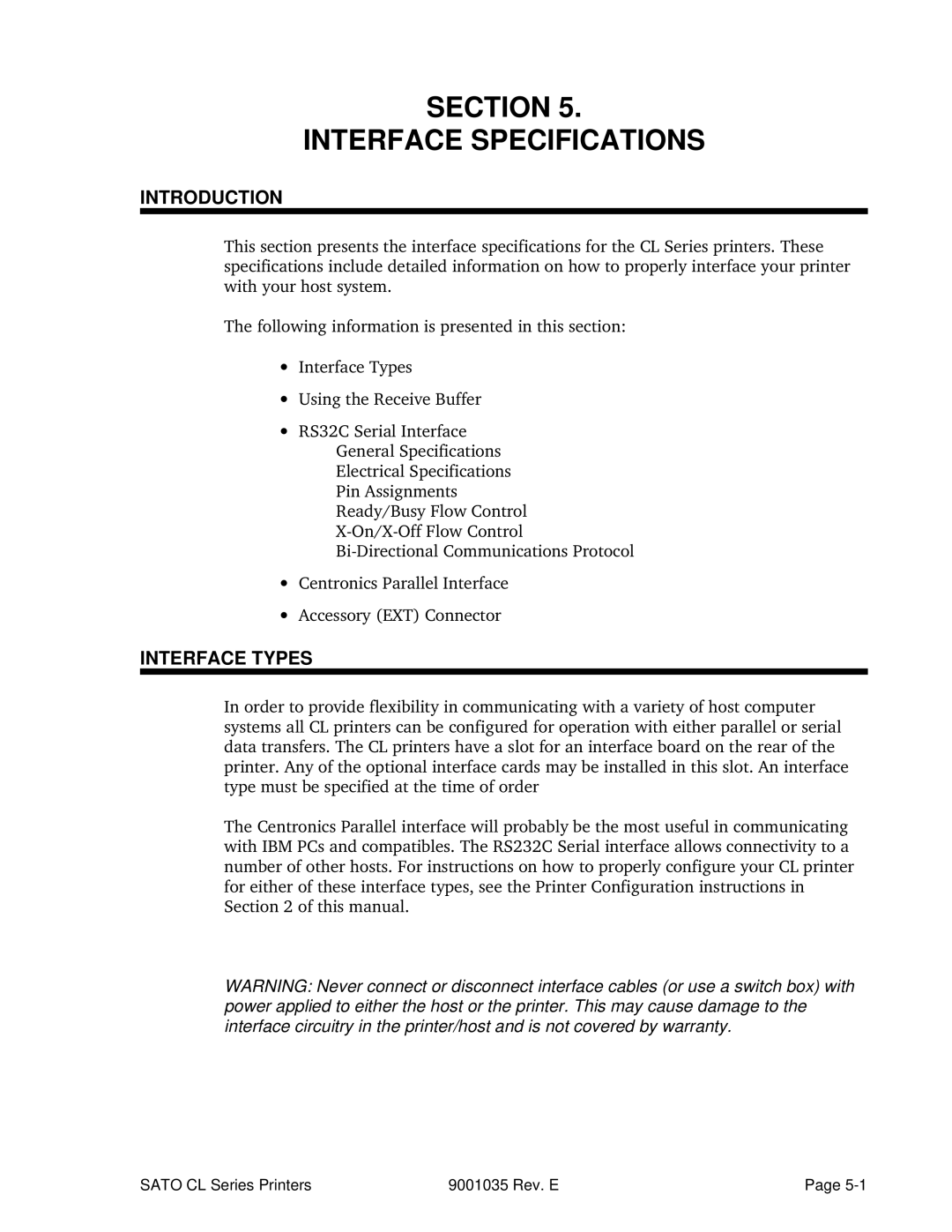 SATO CL608VA, CL612VA manual Section Interface Specifications, Interface Types 