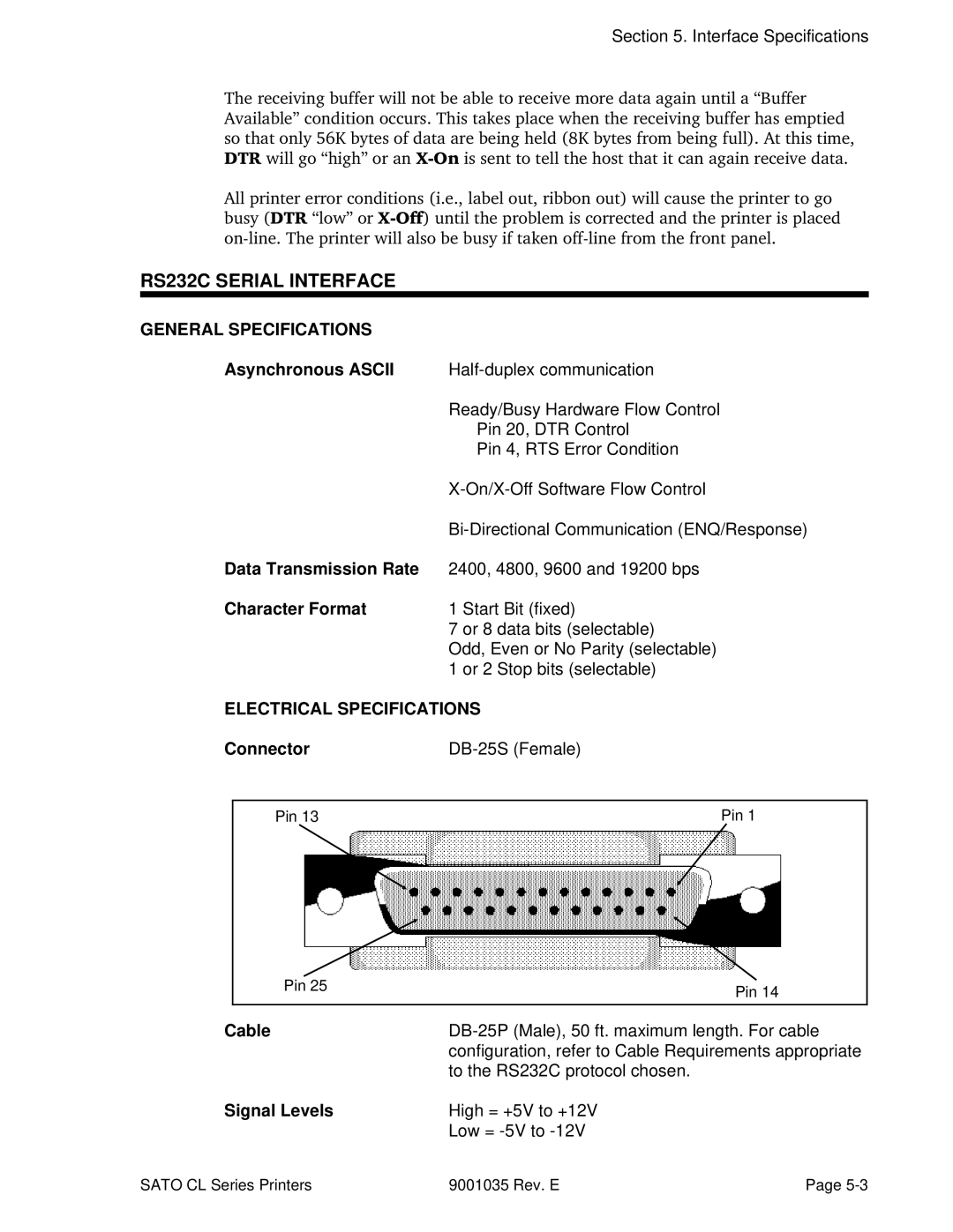 SATO CL608VA, CL612VA manual RS232C Serial Interface, General Specifications, Electrical Specifications 