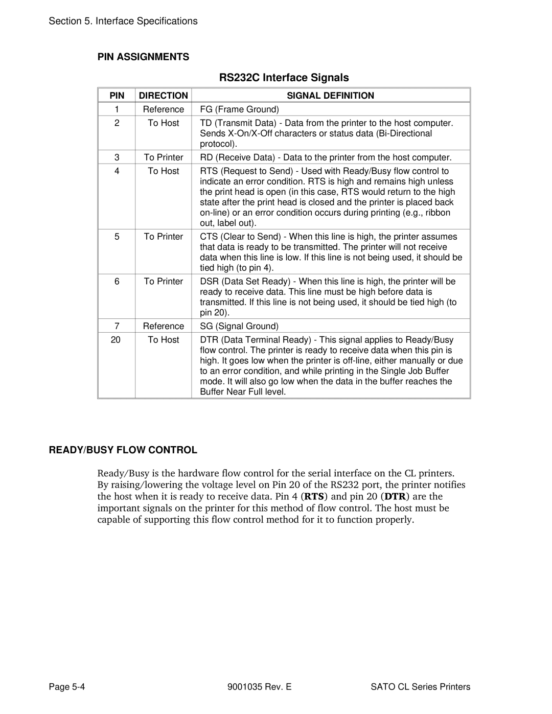 SATO CL612VA, CL608VA manual PIN Assignments, READY/BUSY Flow Control 