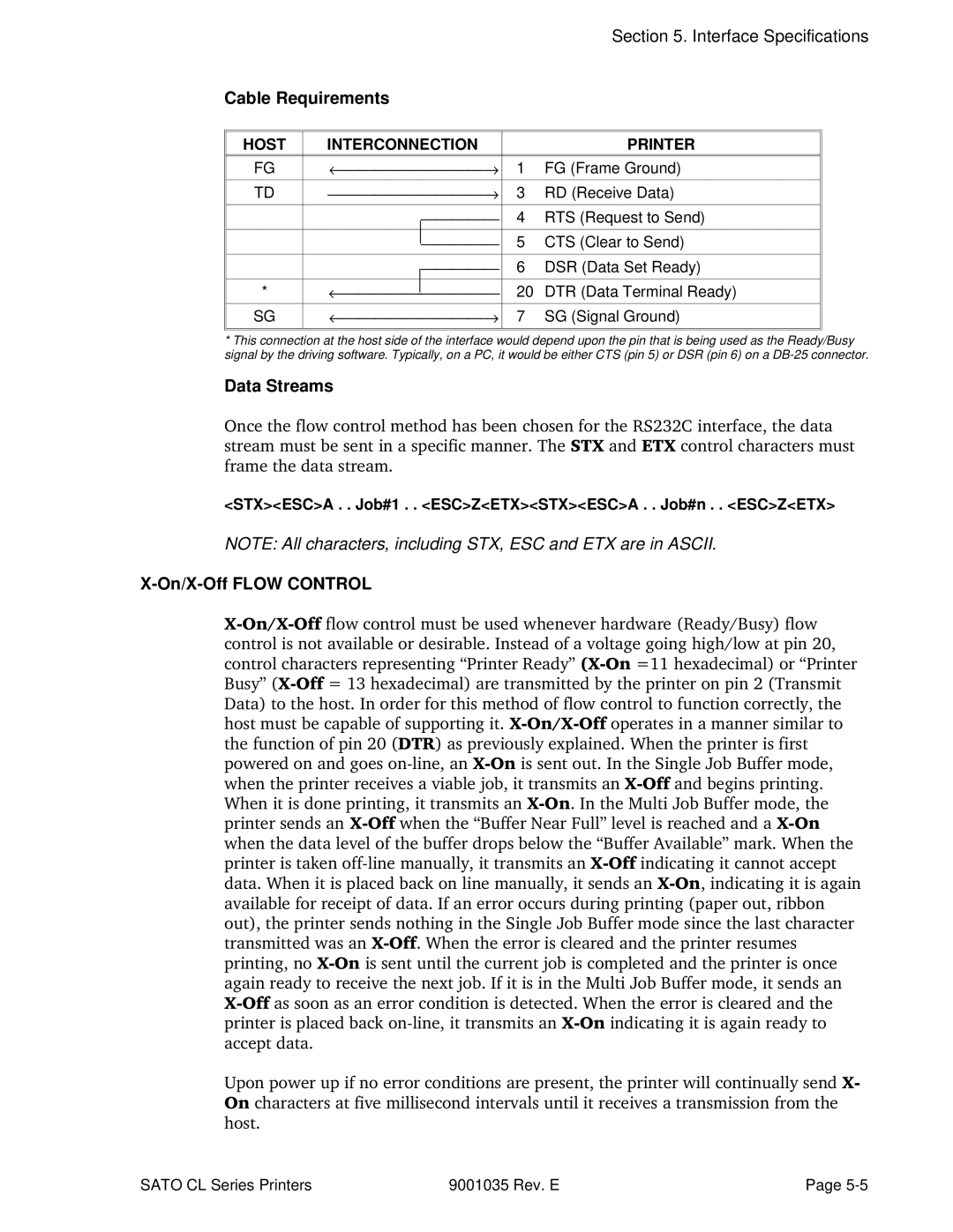 SATO CL608VA, CL612VA manual Cable Requirements, Data Streams, On/X-Off Flow Control 