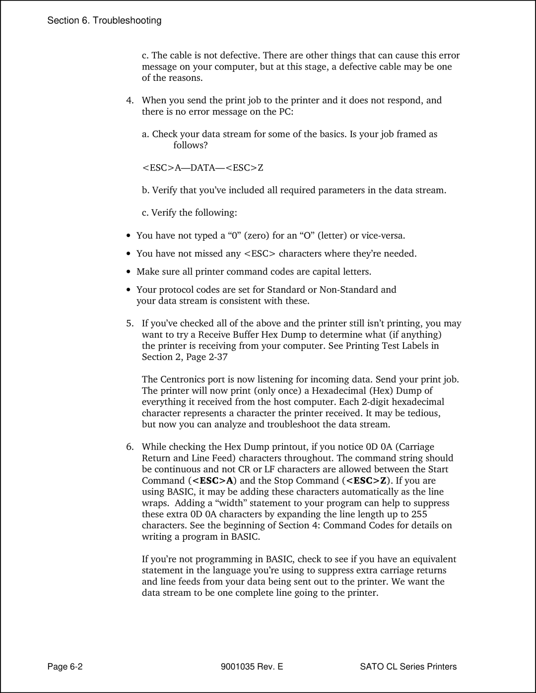 SATO CL612VA, CL608VA manual Troubleshooting, Esca-Data-Escz 