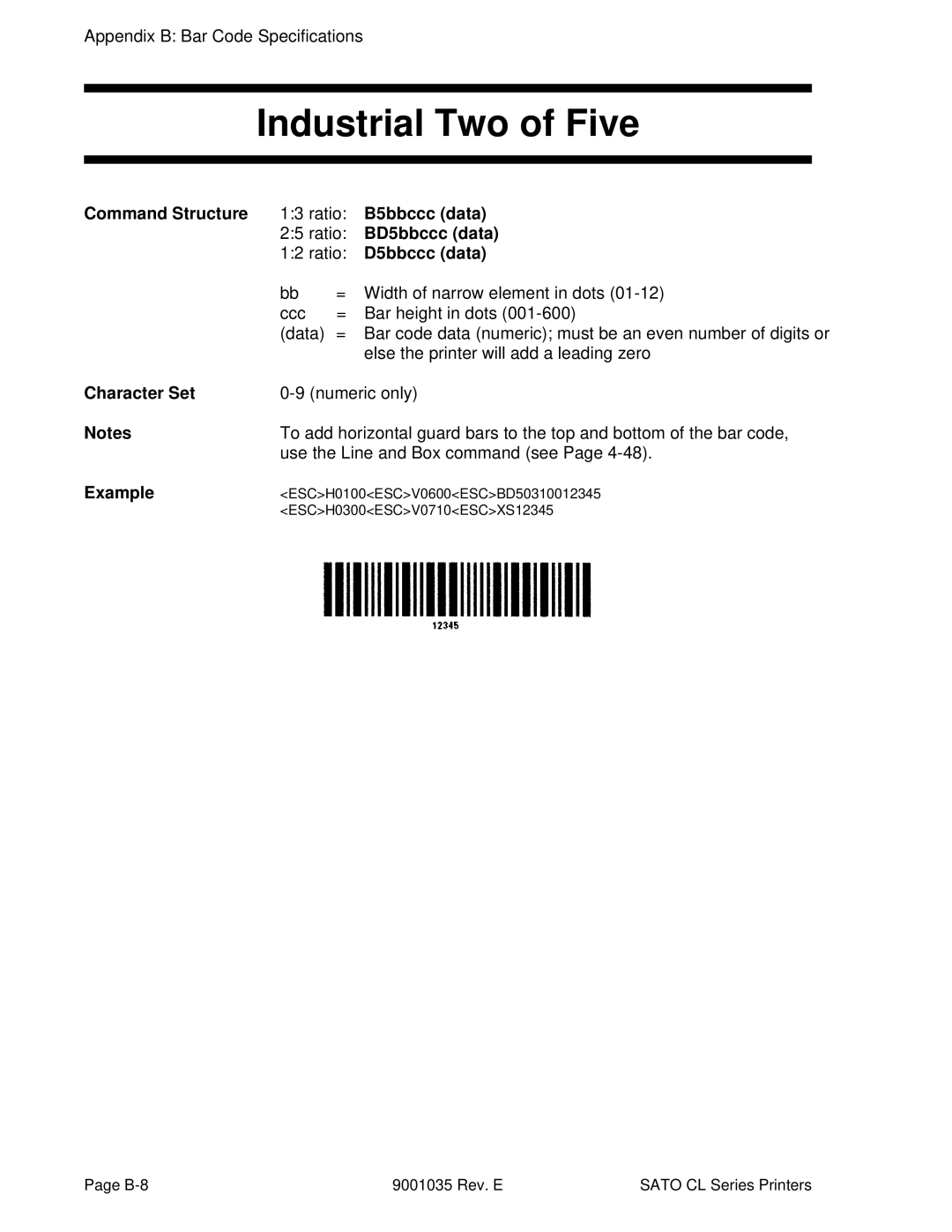 SATO CL612VA, CL608VA manual Industrial Two of Five, B5bbccc data, BD5bbccc data, Width of narrow element in dots 