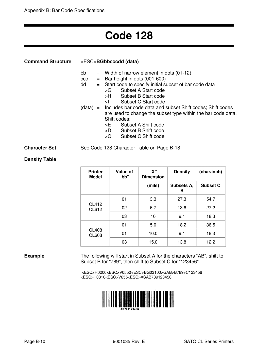 SATO CL612VA, CL608VA manual Command Structure ESCBGbbcccdd data, See Code 128 Character Table on Page B-18 