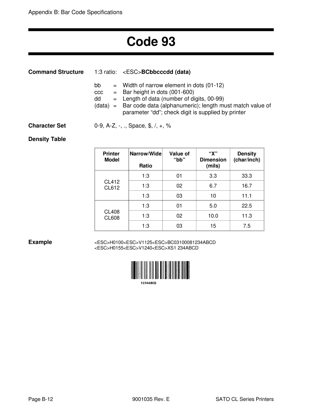 SATO CL612VA, CL608VA manual A-Z, -, ., Space, $, /, +, %, Density Model Dimension Char/inch Ratio Mils 