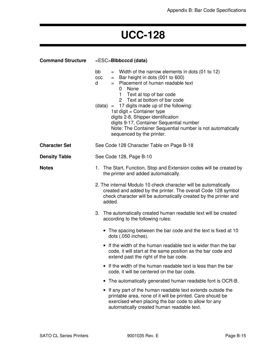 SATO CL608VA, CL612VA manual UCC-128, Command Structure ESCBIbbcccd data 