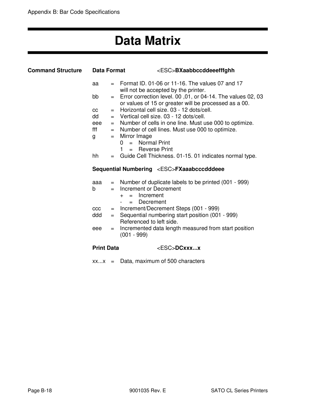 SATO CL612VA Data Matrix, Command Structure Data Format, Sequential Numbering ESCFXaaabcccdddeee, Print Data ESCDCxxx...x 