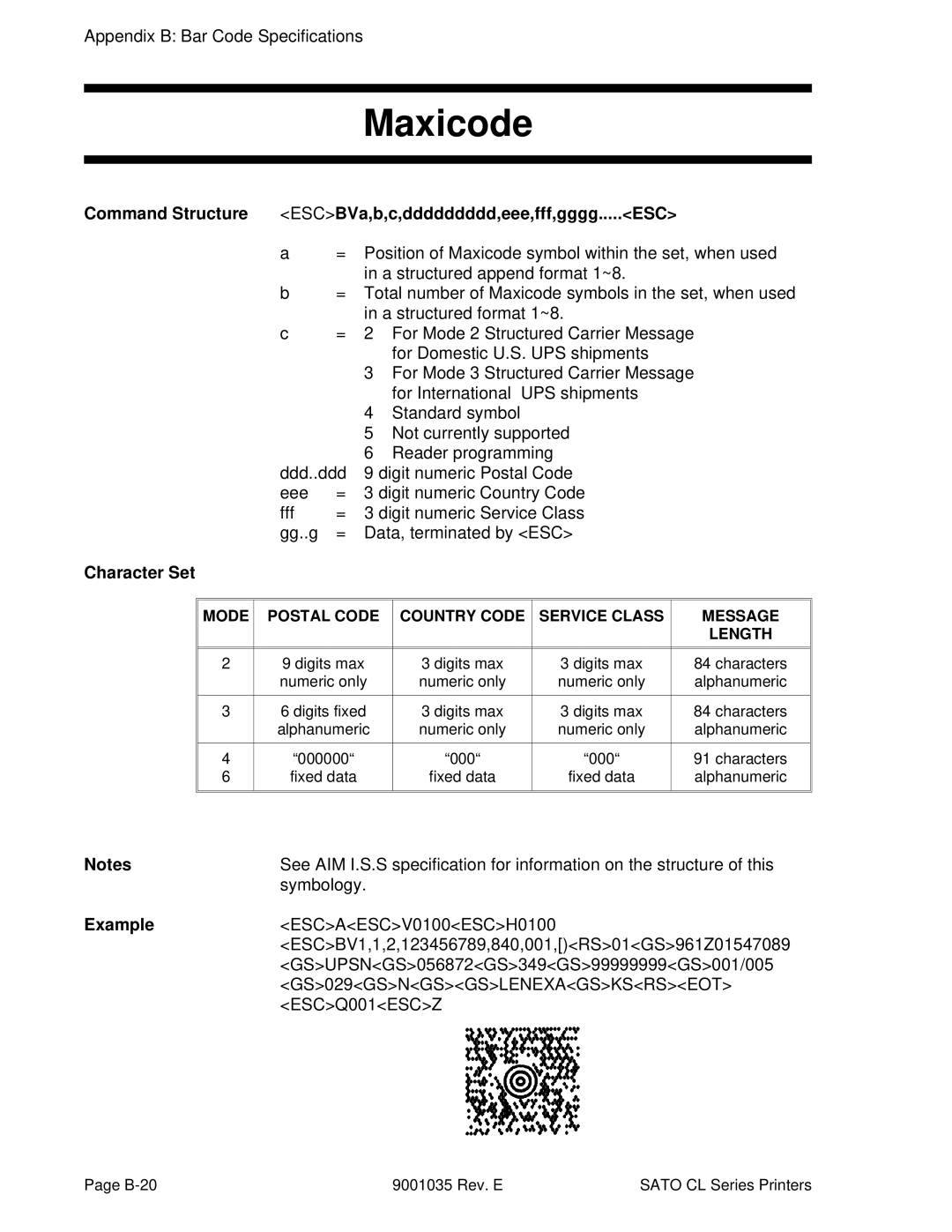 SATO CL612VA, CL608VA manual Symbology, ESCAESCV0100ESCH0100, ESCBV1,1,2,123456789,840,001,RS01GS961Z01547089 