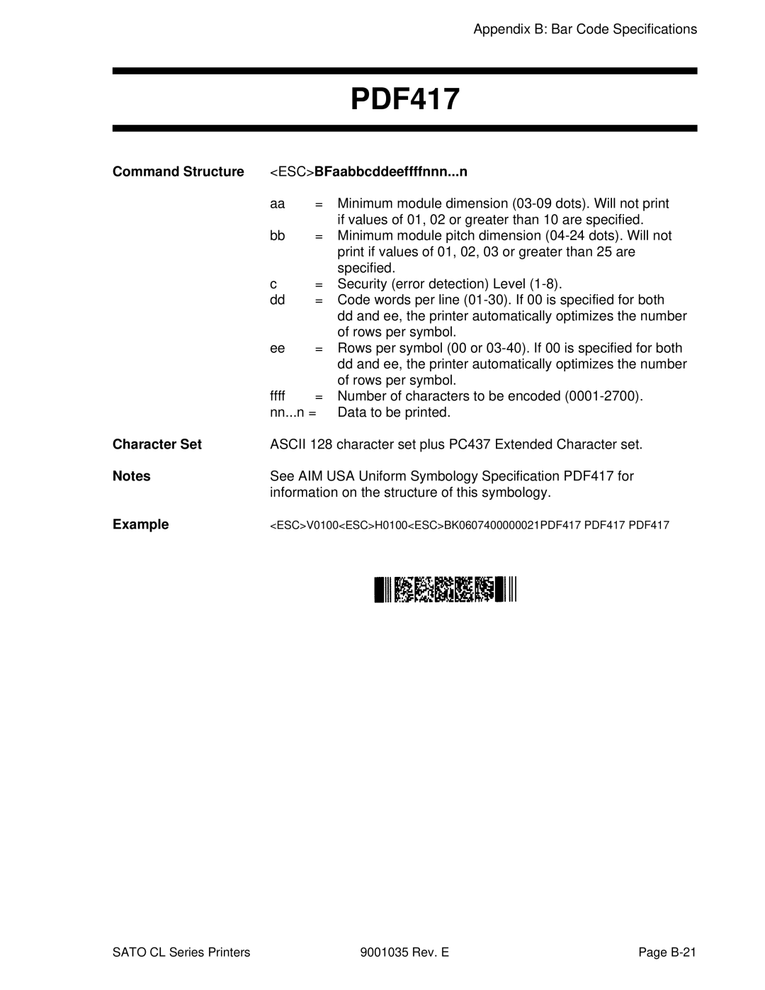 SATO CL608VA, CL612VA manual Command Structure ESCBFaabbcddeeffffnnn...n 