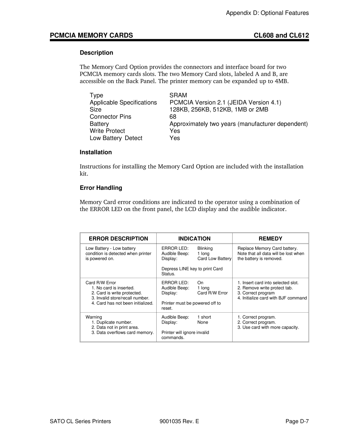 SATO CL608VA, CL612VA manual Pcmcia Memory Cards, Description, Type, Error Handling 