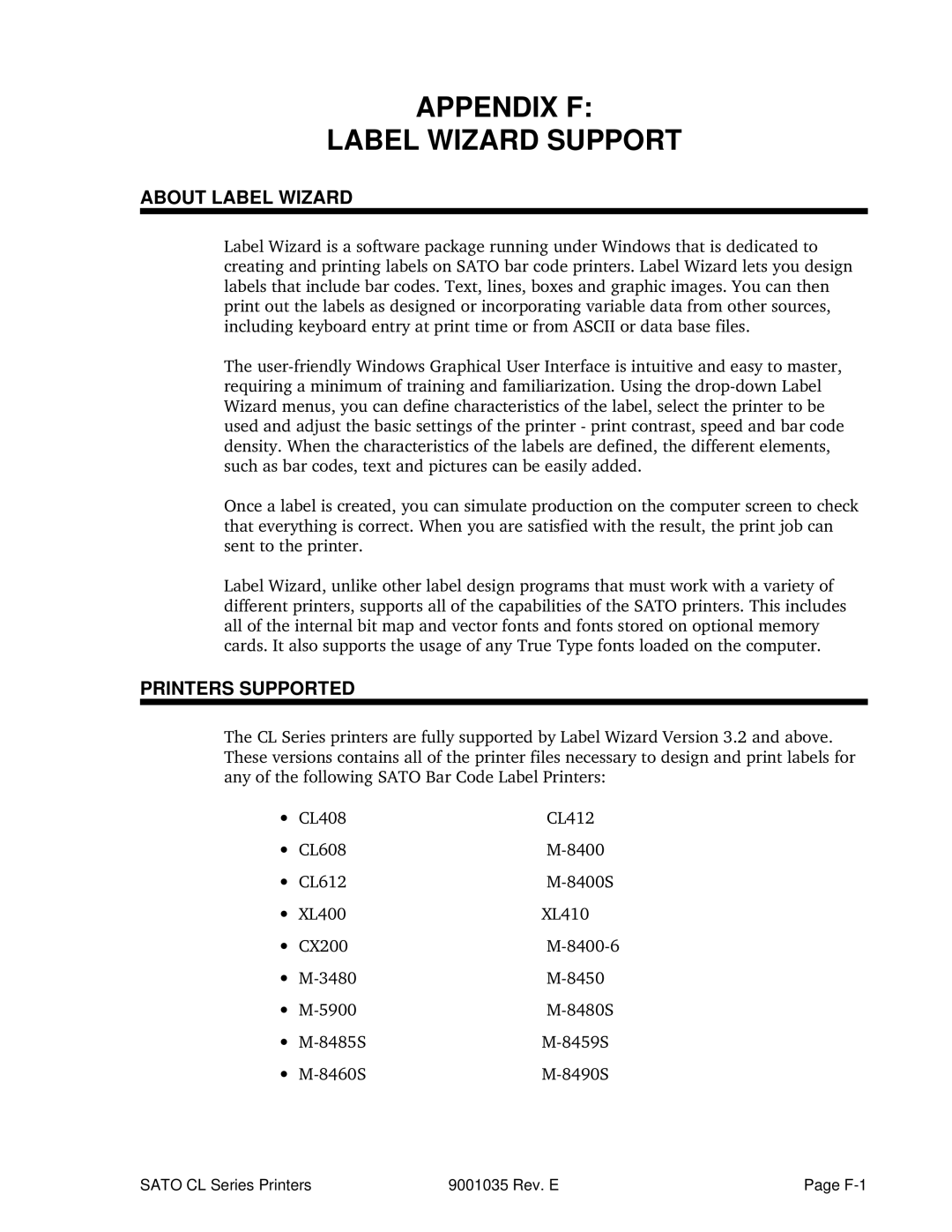 SATO CL608VA, CL612VA manual About Label Wizard, Printers Supported 