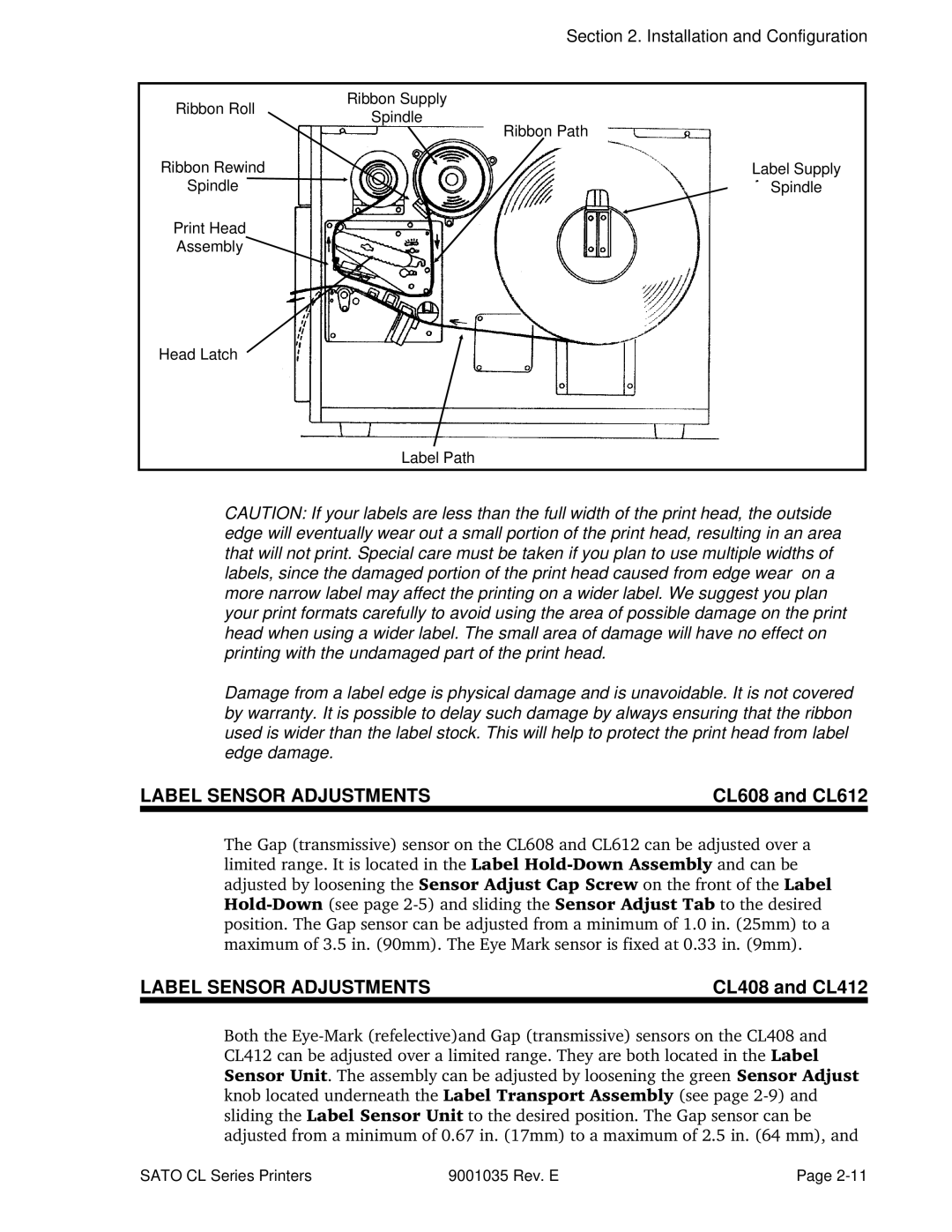 SATO CL608VA, CL612VA manual Label Sensor Adjustments, CL608 and CL612 