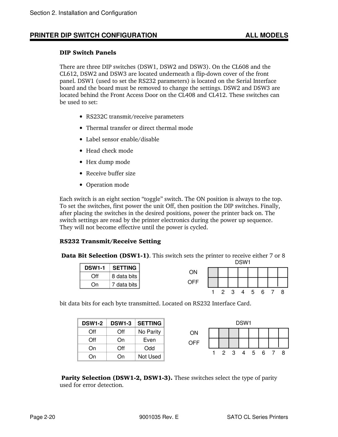 SATO CL612VA, CL608VA manual Printer DIP Switch Configuration ALL Models, DSW1-1, DSW1-2 DSW1-3 