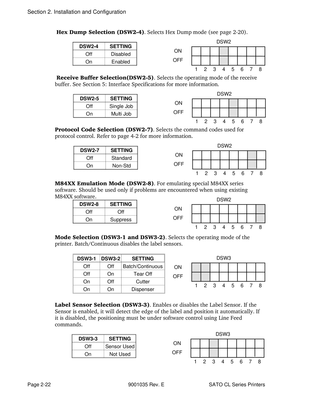 SATO CL612VA, CL608VA manual DSW2-4, DSW2-5, DSW2-7, DSW2-8, DSW3-1 DSW3-2, DSW3-3 